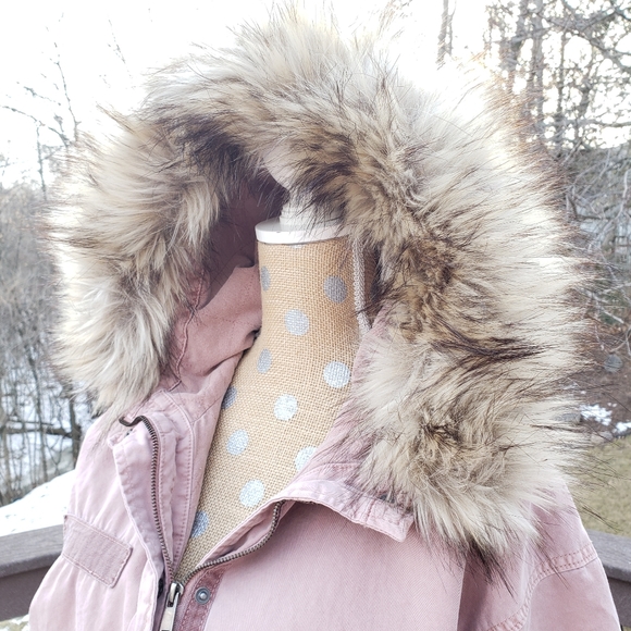 American Eagle military style parka faux fur hood mauve dusty rose medium crop - Picture 3 of 14